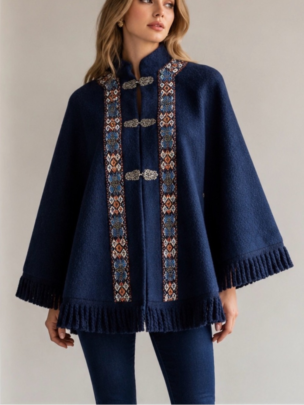 A.S Evebøfoss Vintage Navy Blue Embroidered Women's Cape